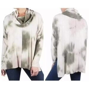 Status By Chenault Cowl Neck Olive Green Tie Dye Ribbed Tunic Sweater m A003029